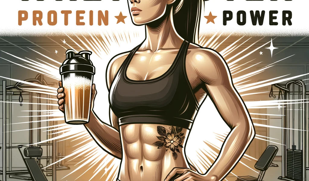 Illustration of an athlete, an Asian female with a toned physique, holding a shaker cup with whey protein. She stands in a gym setting with dumbbells