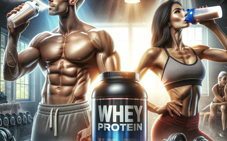 A dynamic image showcasing a whey protein product review